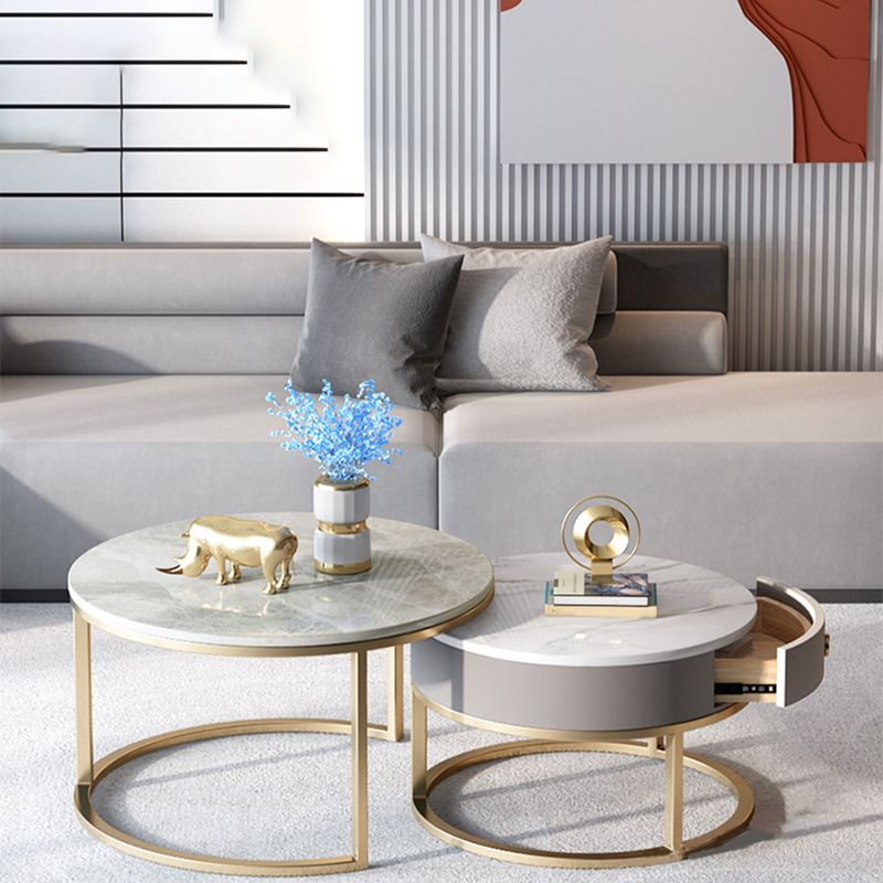 Slate Round Frame Coffee Table Modern Nesting Coffee Table Set with Drawer