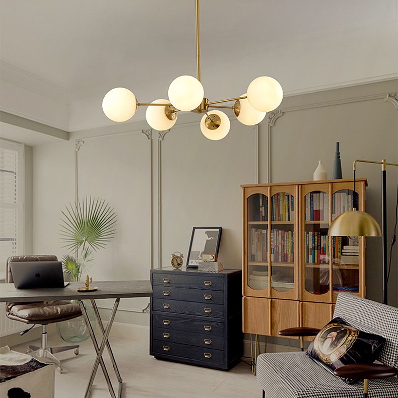 Gold Nordic Style Full Brass Lighting Fixture White Glass Ball Shade Molecular Large Chandelier