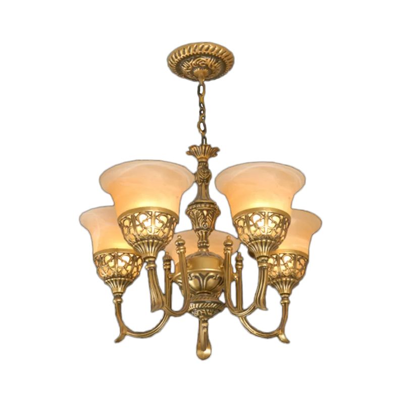Bronze 5-Light Up Chandelier Antiqued Style Frosted Glass Flared Ceiling Hang Lamp