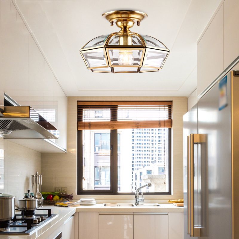 Brass Dome Shaped Semi Flush Light Simplicity Clear Glass 1 Bulb Living Room Flush Ceiling Light Fixture