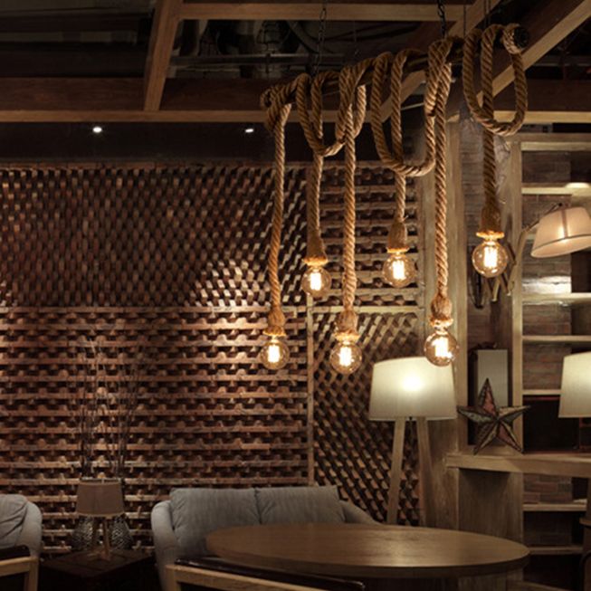 Vintage Hemp Rope Chandelier Industrial Retro Linear Exposed Bulb Pipe Pendant for Restaurant
