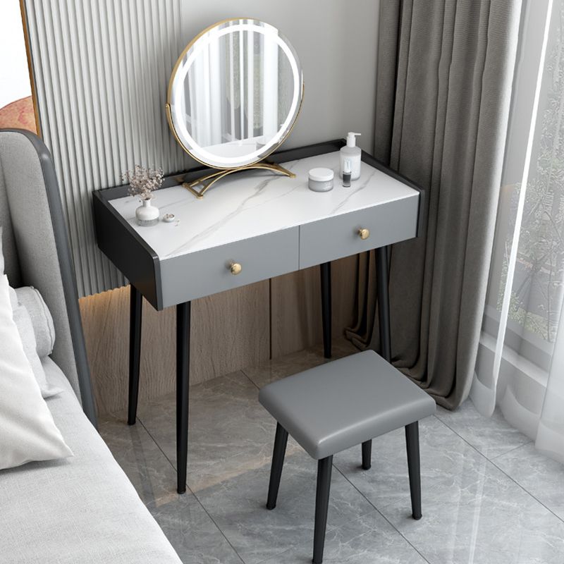 Contemporary Stone Vanity, Storage Drawer With Stool, Black/White
