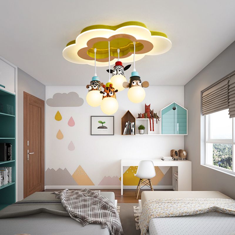 Lampada a soffitto a soffitto a testa animale metallica per bambini Bambini Sospensione bianca con baldacchino a forma di nuvola
