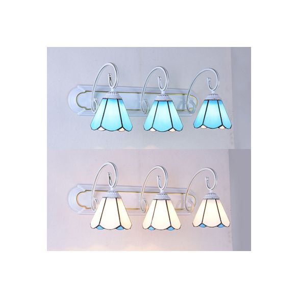 3 Heads Wall Mount Light Tiffany Cone White/Blue Glass Vanity Sconce Light for Bathroom