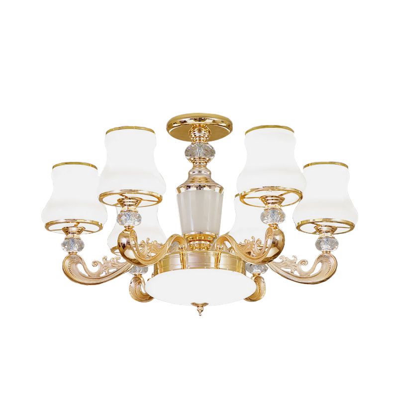 6 Lights Flared Semi Flush Mount Simple Gold Frosted Glass Ceiling Light with Crystal Accent