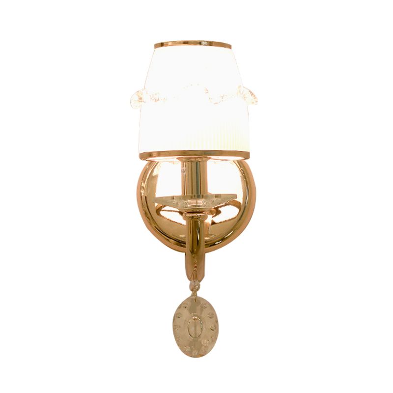 1/2 Bulbs Frosted Glass Sconce Traditionalist Gold Barrel Living Room Wall Mounted Light with Clear Crystal Drop