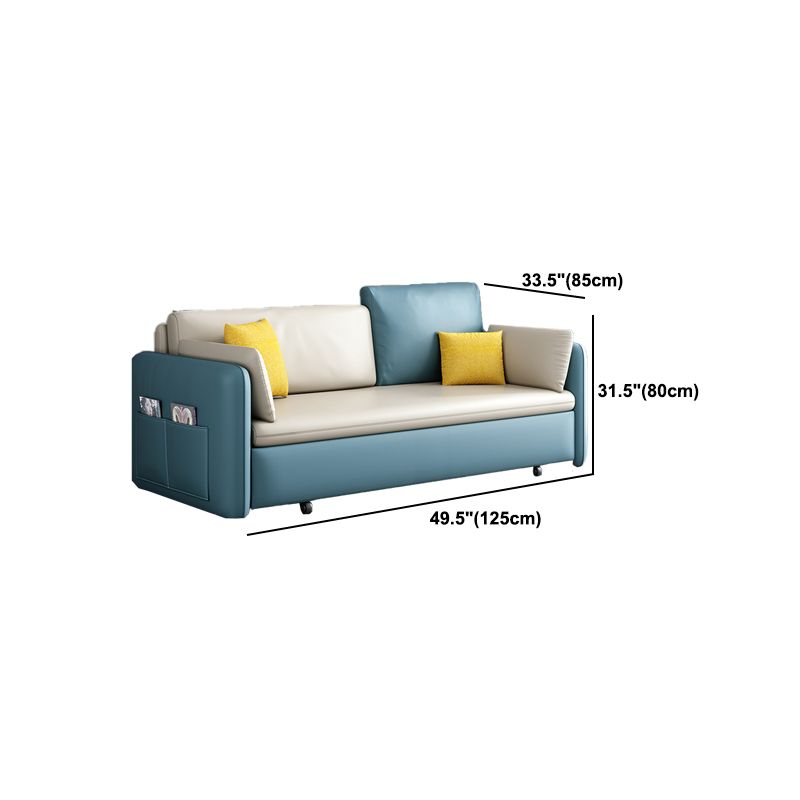Faux Leather Sofa Bed Contemporary Square Arm Convertible Sofa in Blue