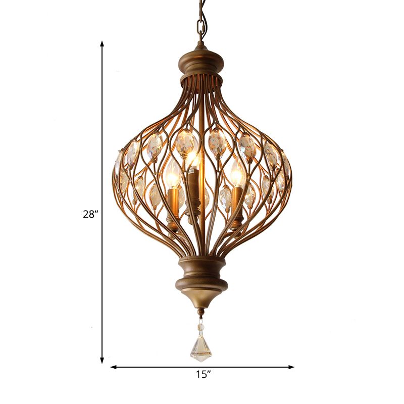 Traditional Ball Hanging Chandelier Metal 3 Bulbs Suspension Light in Brass with Crystal Teardrop