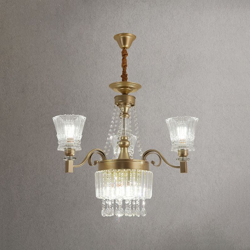 Modern Conical Pendant Lamp 6/9-Head Clear Crystal Chandelier Light Fixture in Gold for Bedroom