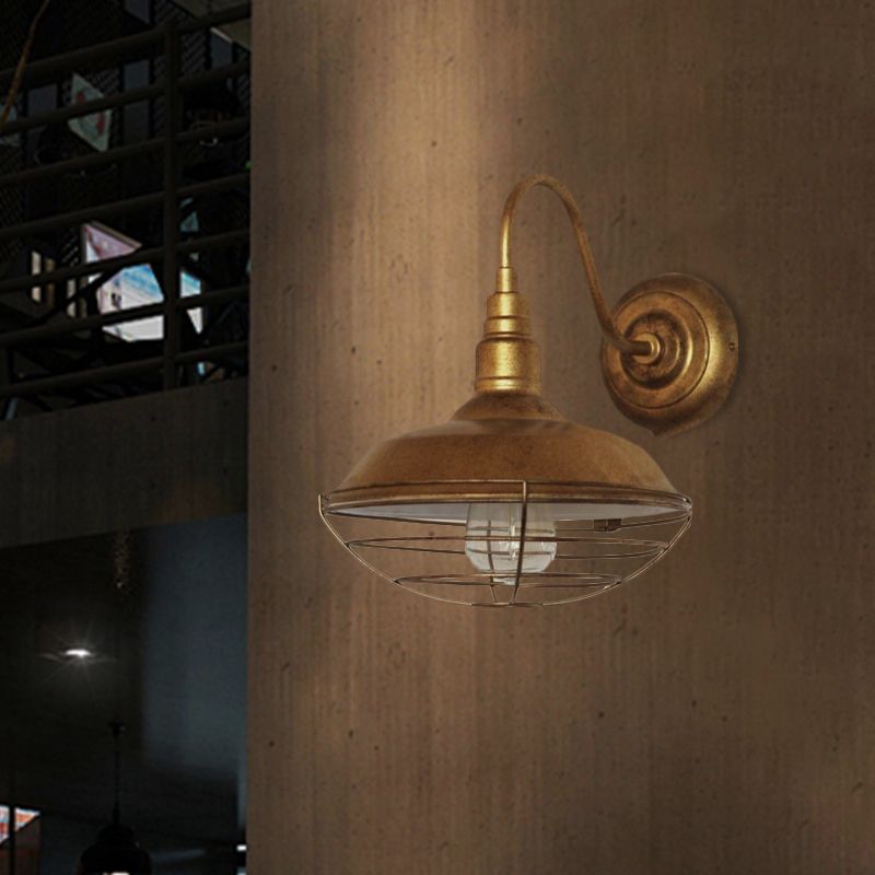 Brass Wire Guard Wall Lighting with Barn Shade Antique Style Metallic 1 Light Hallway Sconce Lighting