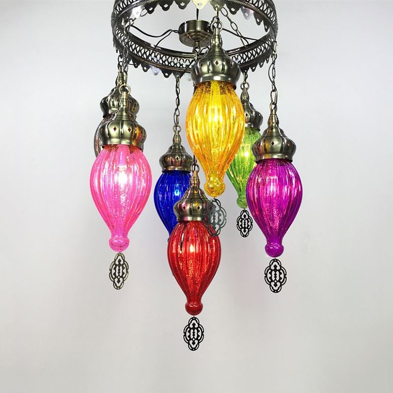 7 Bulbs Urn Ceiling Chandelier Tradition Colorful Glass Suspended Lighting Fixture in Bronze