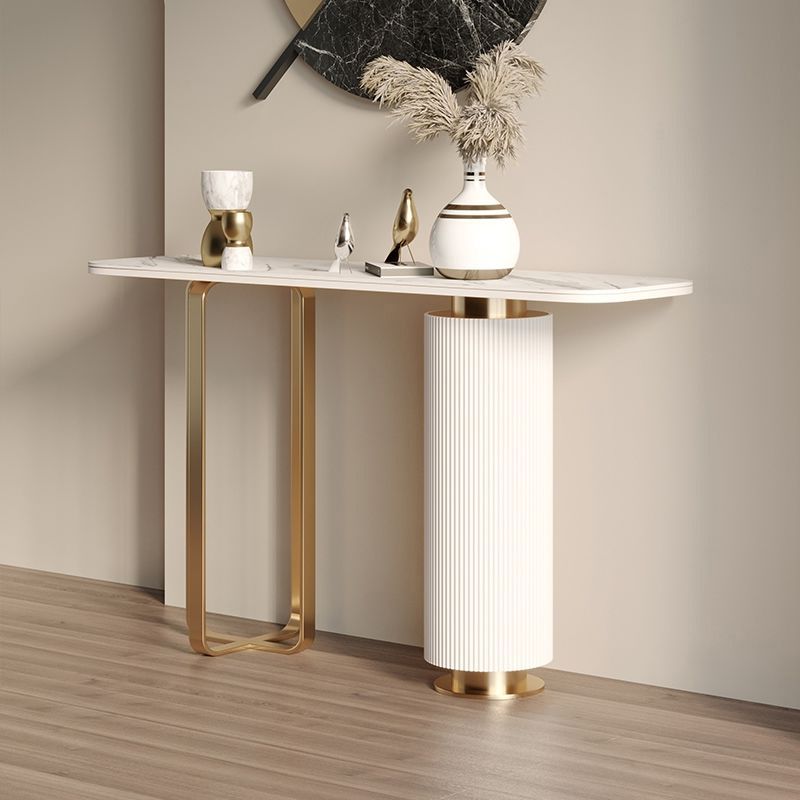 14 inch Wide Glam Accent Table Oval Stone Console Table for Hall