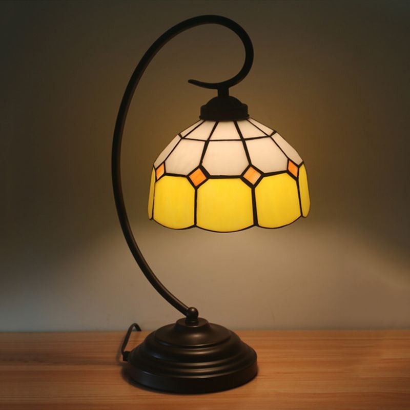 1 Head Grid Dome Night Table Lamp Baroque Orange/Blue/Yellow Cut Glass Task Lighting with Swirl Arm