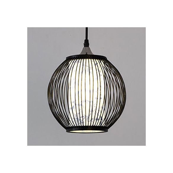 Lámpara de techo de globo de bambú Estilo chino 1 Luz colgante colgante de luz con patrón azul y blanco en negro/madera