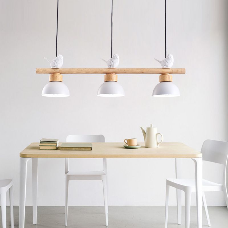 3 Lights Metal Shaded Island Lighting Nordic Style Bowl Wood Pendant