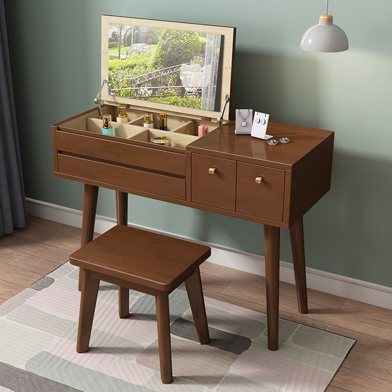 Flip Single Mirror Vanity Desk 3 Drawers Rubber Wood Dresser
