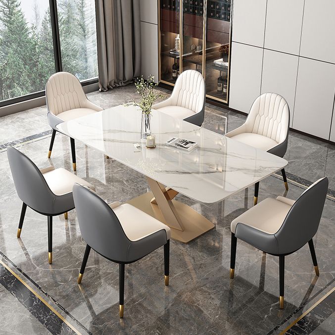 Mesa de comedor de piedra sinterizada de glamour Mesa de comedor de forma blanca de forma blanca con base de pedestal