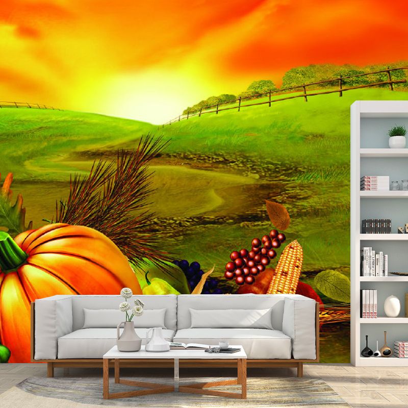 Food Harvest at Dusk Murals Wallpaper Farmhouse Non-Woven Wall Covering in Orange-Green
