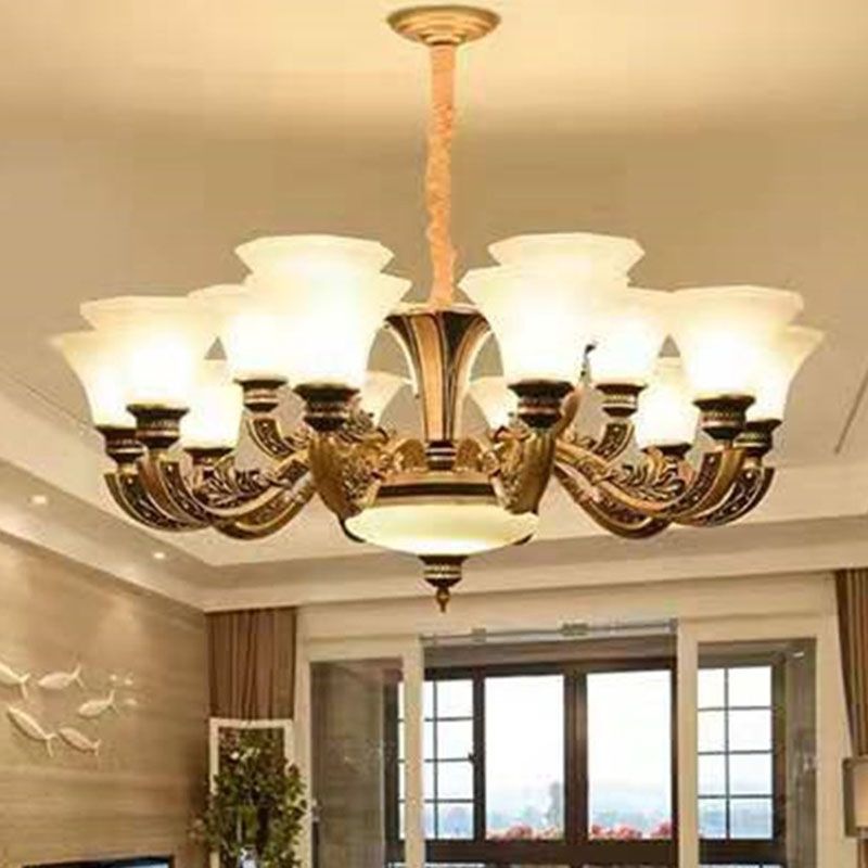 Modernism Pendant Lamp Gold Paneled Bell Hanging Chandelier with Opaline Frosted Glass Shade