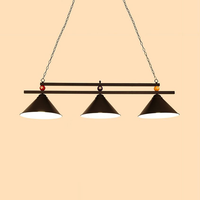 Conical Metallic Billiard Light Factory 3-Head Indoor Island Lighting Fixture in Black/Red/Blue