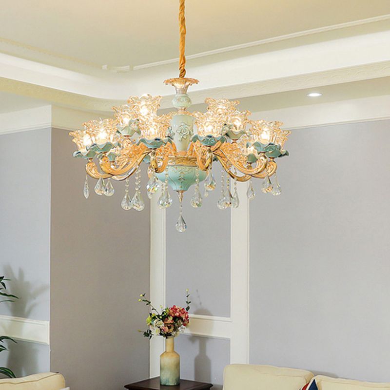 Ruffle Glass Flower Chandelier Pendant Light Vintage Living Room Hanging Light with Hanging Crystal in Blue