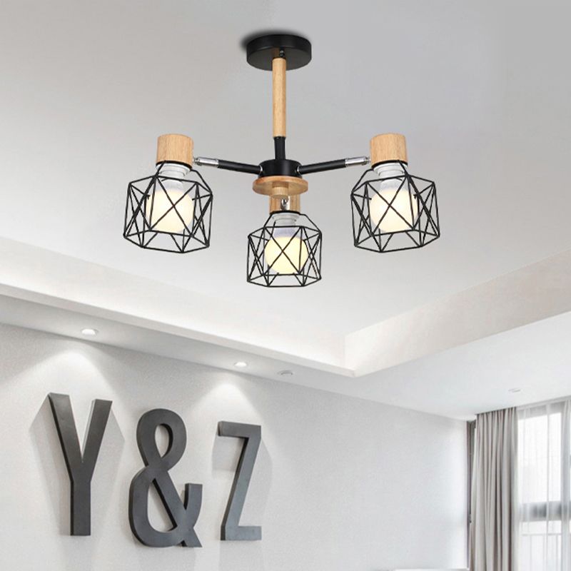 Cage Semi Flush Lamp Nordic Iron 3/6/8-Head Black/Green/Gold Ceiling Drop Pendant Lighting