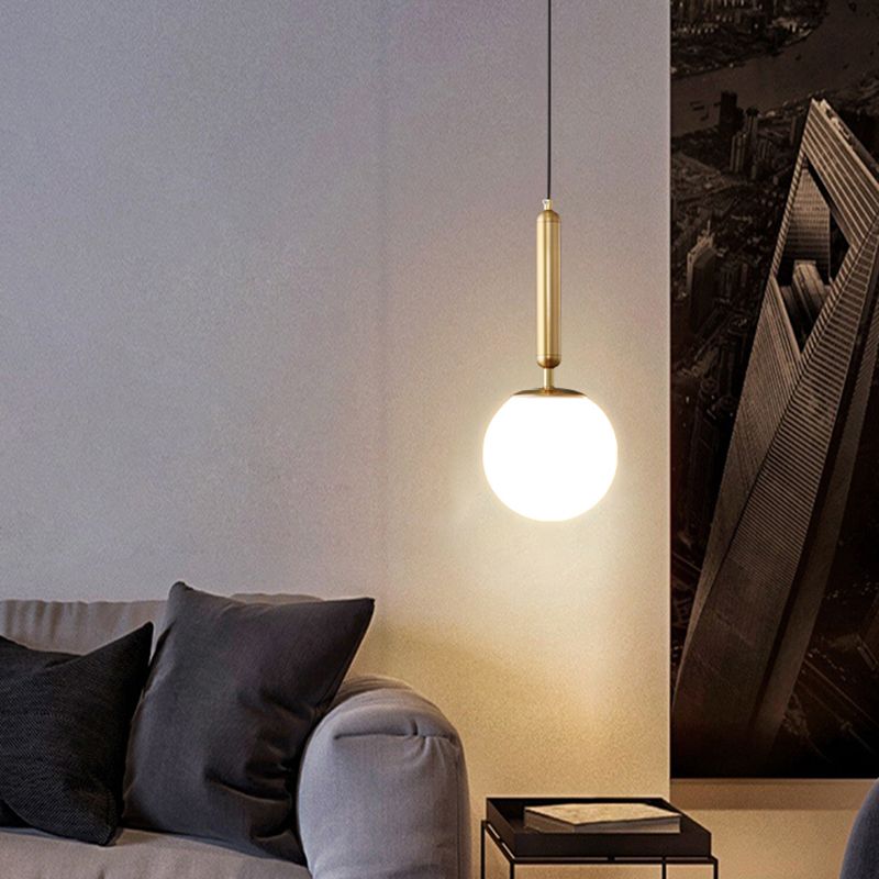 Minimalist Ball Hanging Ceiling Light Opal Blown Glass 1 Bulb Bedside Pendulum Light in Gold