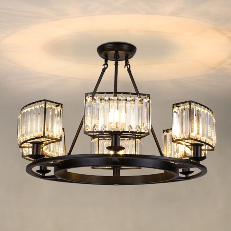 Artistic Ring Shaped Suspension Light Clear Crystal Living Room Chandelier Light in Black