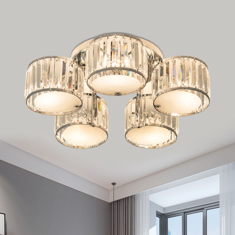 Moderne trommelschaduw plafond gemonteerd armatuur 5/6 hoofden helder kristal spoelmontage lamp voor woonkamer