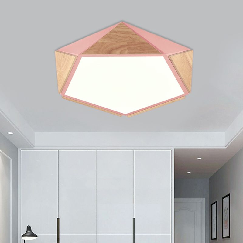 Flat Pentagon Ceiling Mount Light Macaron Stylish Wood LED Flush Light for Kids Bedroom