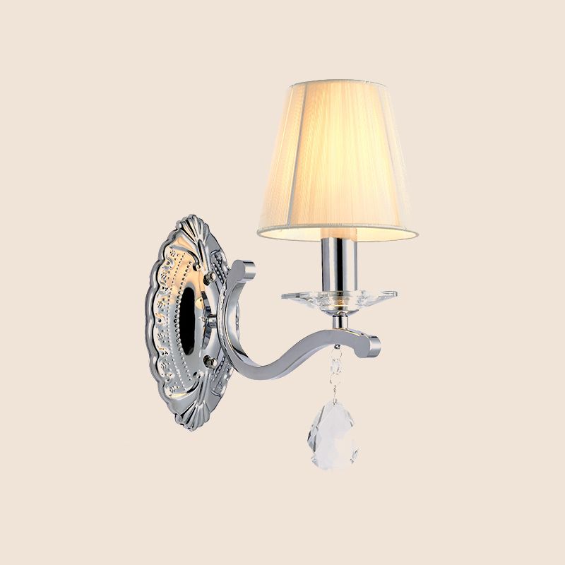 1/2-Head Pleated Fabric Wall Light Modernism Beige Cone Corner Sconce with Chrome Curving Arm