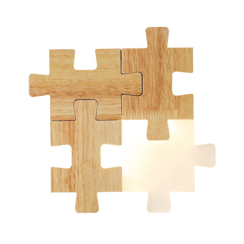 Jigsaw Puzzle Sconce Light Simple LED Wood Wall Lighting Fixture with Opal Glass Shade for Bedroom
