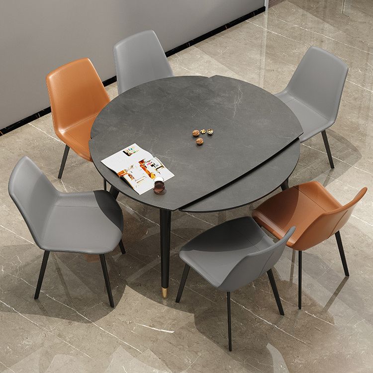 Round Extendable Dining Table Modern Stone Tabletop with Solid Wood Legs