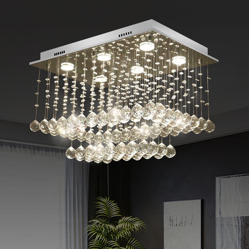 Chrome Finish 5 Bulbs Ceiling Flush Modernism Crystal Beaded Cuboid Flush-Mount Light Fixture