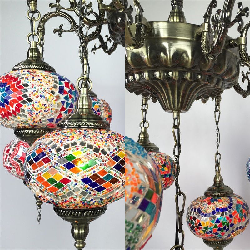 Braccio curvo il lampadario metallico antico 11 teste kit di luce sospesa in bronzo con tonalità di vetro colorata globale