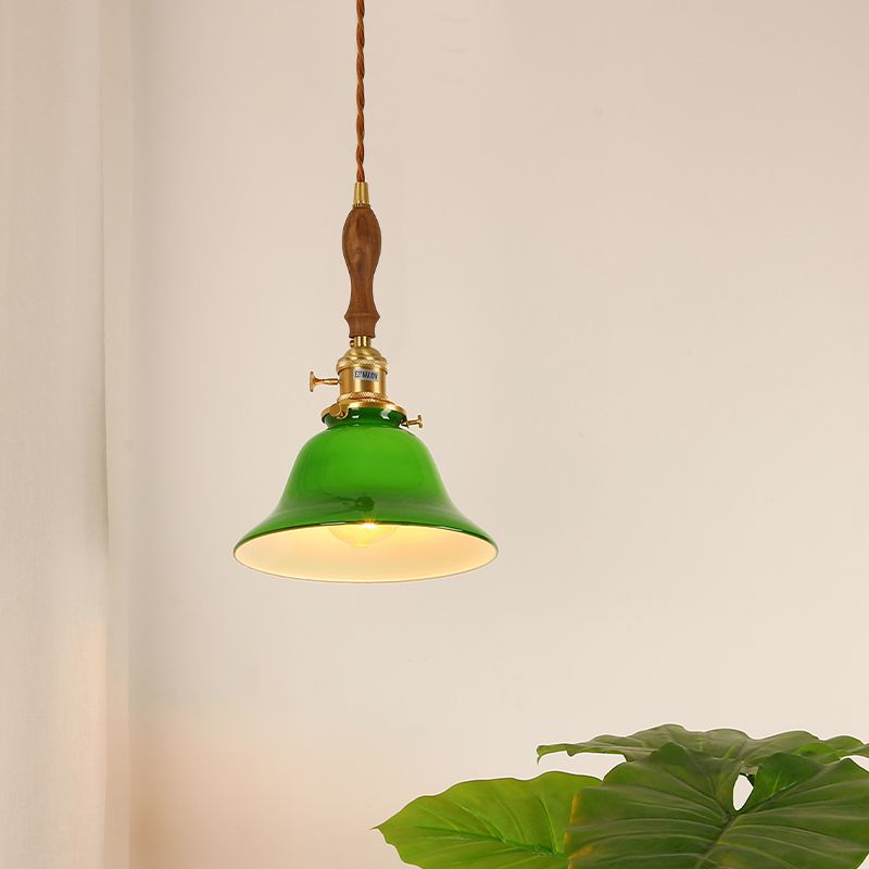 Brass Small Pendant Lighting Vintage Green Glass 1-Head Hanging Lamp with Rotary Switch