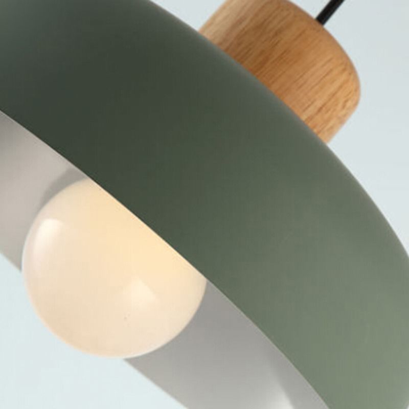 Modern Creative Single Pendant Light Wooden Dome Macaron Hanging Lamp with Iron Shade