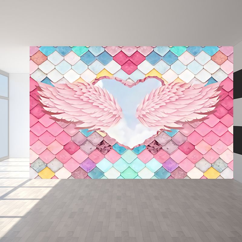 Pink Feather Wall Mural Wings with Fishscale Tile Modern Stain Resistant Wall Covering