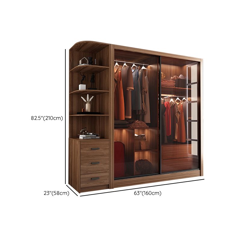 Bedroom Sliding Door Wardrobe Modern Brown Cabinet with Glass Doors