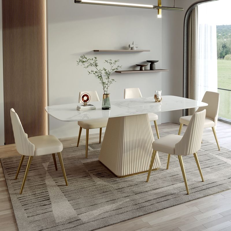 Traditional Luxury Dining Table White Rectangle Sintered Stone Table with Pedestal Base