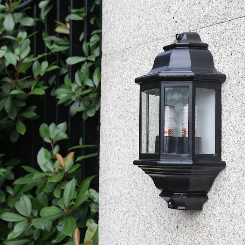 Black/White Geometric Wall Mounted Light Lodges Clear Glass 2-Bulb Corner Outdoor Surface Wall Sconce