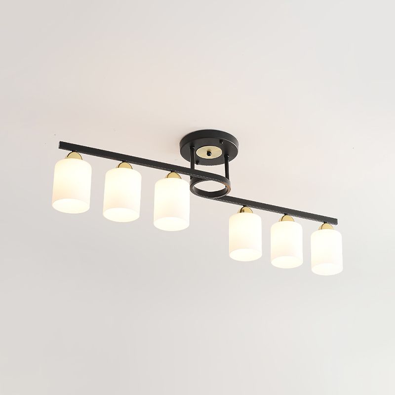 6-Light Living Room Semi Flushmount Modernism Black Ceiling Flush Mount with Cylinder Cream Glass Shade