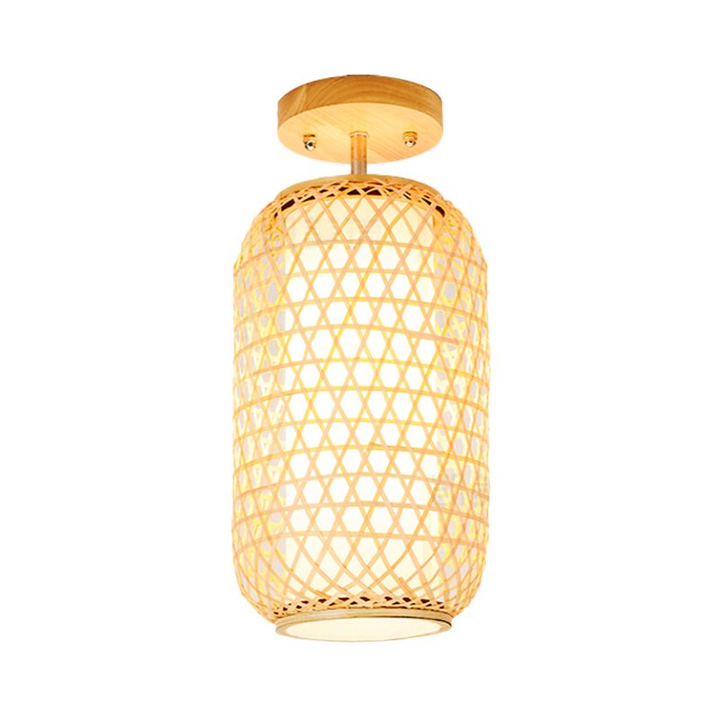 1 Bulb Cylinder/Basket/Cup/Dome Semi Flush Light Modernist Bamboo Ceiling Mounted Fixture in Wood for Living Room