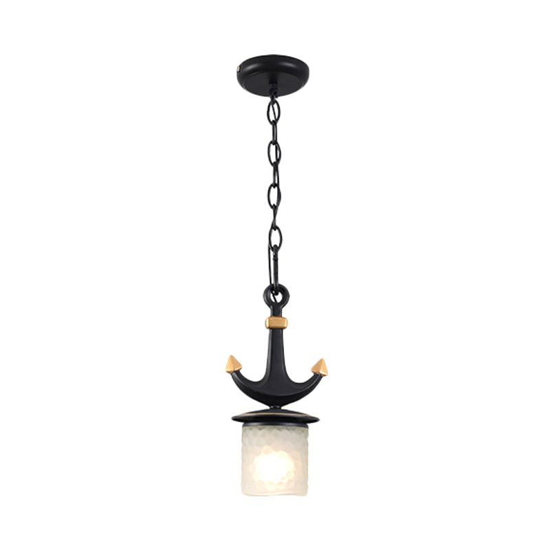Bell/Cylinder Drop Pendant Mediterranean Cream Glass 1 Head Black Ceiling Light with Anchor Design, Small/Large
