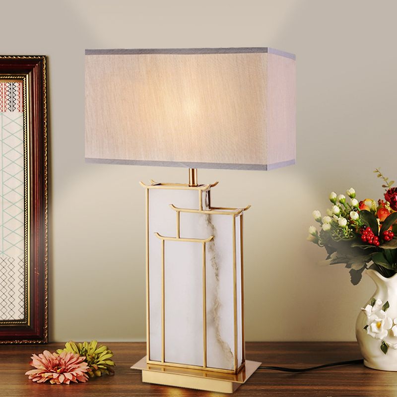 Lámpara de mesa rectangular moderna de tela con 1 bombilla, iluminación para tareas en color blanco con base de mármol