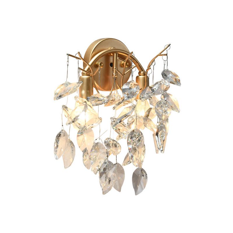Faceted Crystal Leaf Wall Lamp Contemporary 2 Bulbs Living Room Wall Mounted Light in Gold