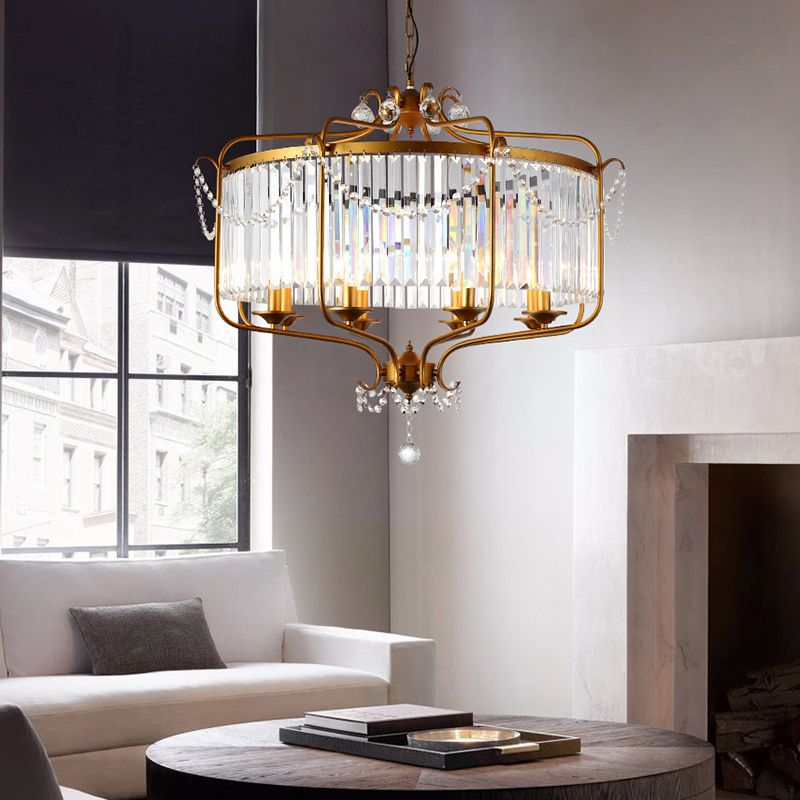 Faceted Crystal Chandelier Lamp Round Countryside Pendant Light Kit with Wire Cage for Living Room