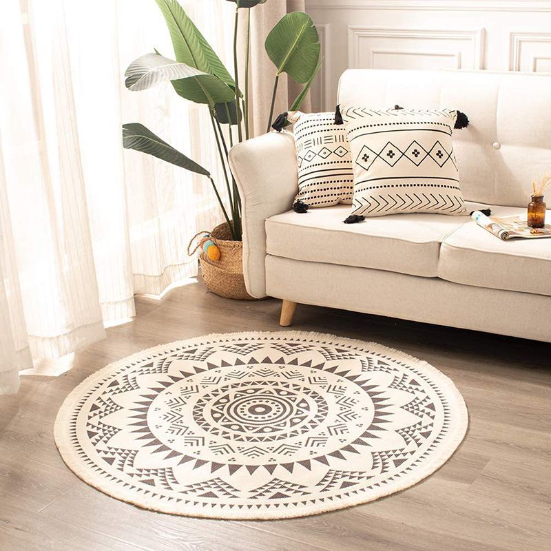 Rapis simple Rapis tribal Tribal Tapis rond Mélange de coton lavable avec frange