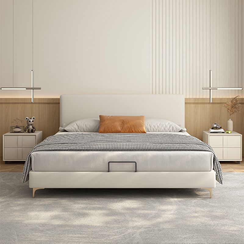 Wood and Upholstered Standard Bed with Headboard Panel Bed in Beige