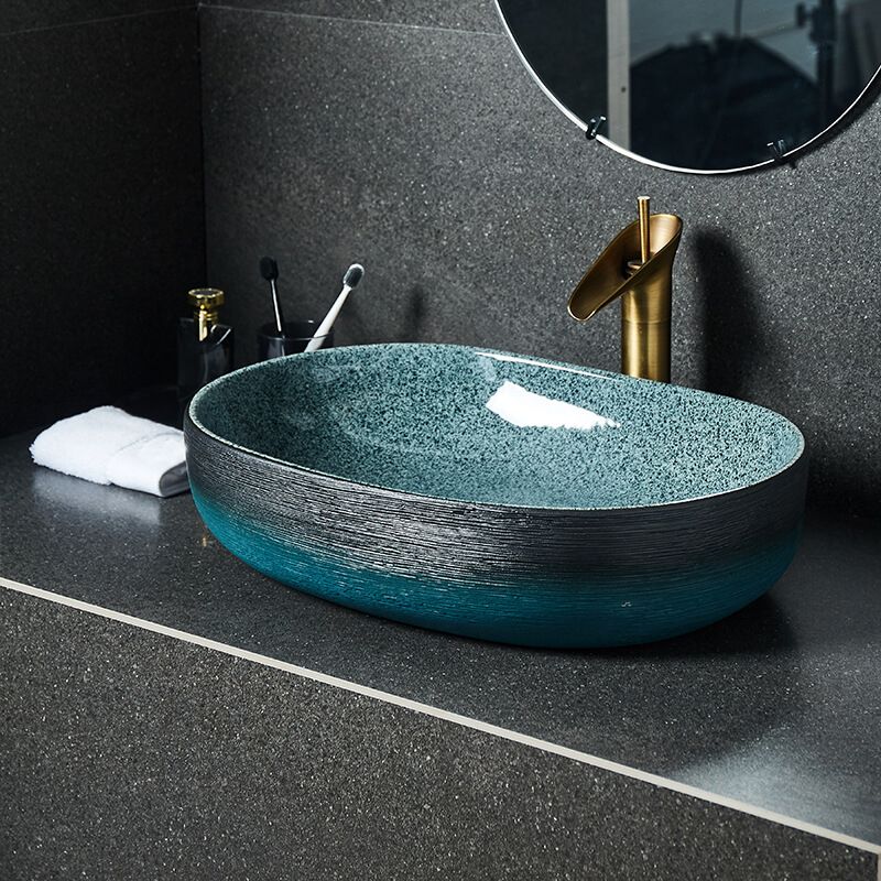 Traditional Vessel Sink Vitreous China Oval with Pop-Up Drain Bathroom Sink